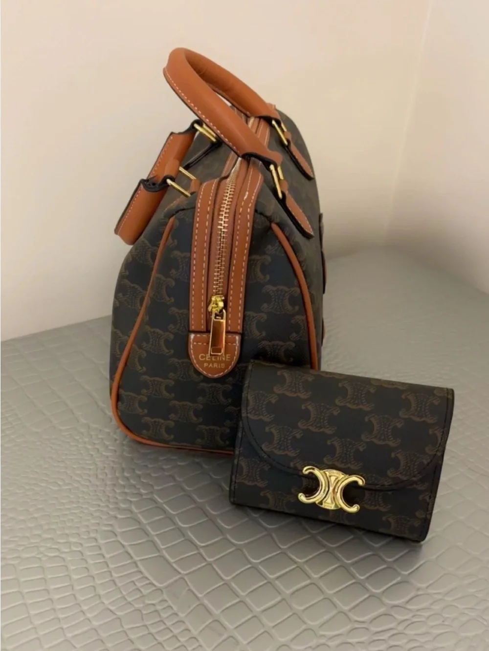 Cognac Brown Patterned Leather Top-Handle Bag with Matching Wallet